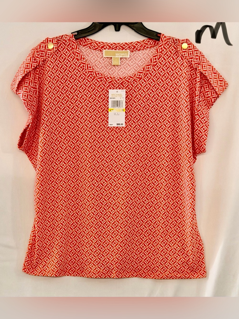 Michael Kors Red Geometric Button-Shoulder Short Sleeve Top